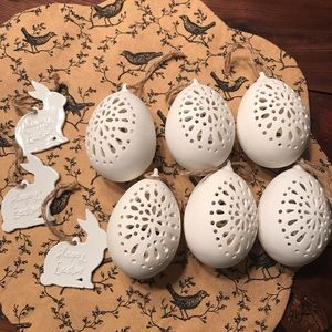 White ceramic Easter egg and bunny ornaments